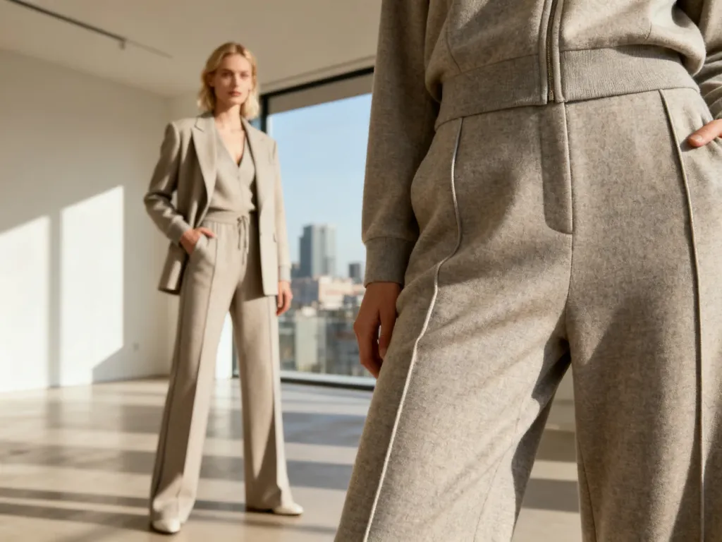 Kobieta w eleganckim, dopasowanym dresie w minimalistycznym lofcie, prezentująca stylizację łączącą wygodę z modnym szykiem.