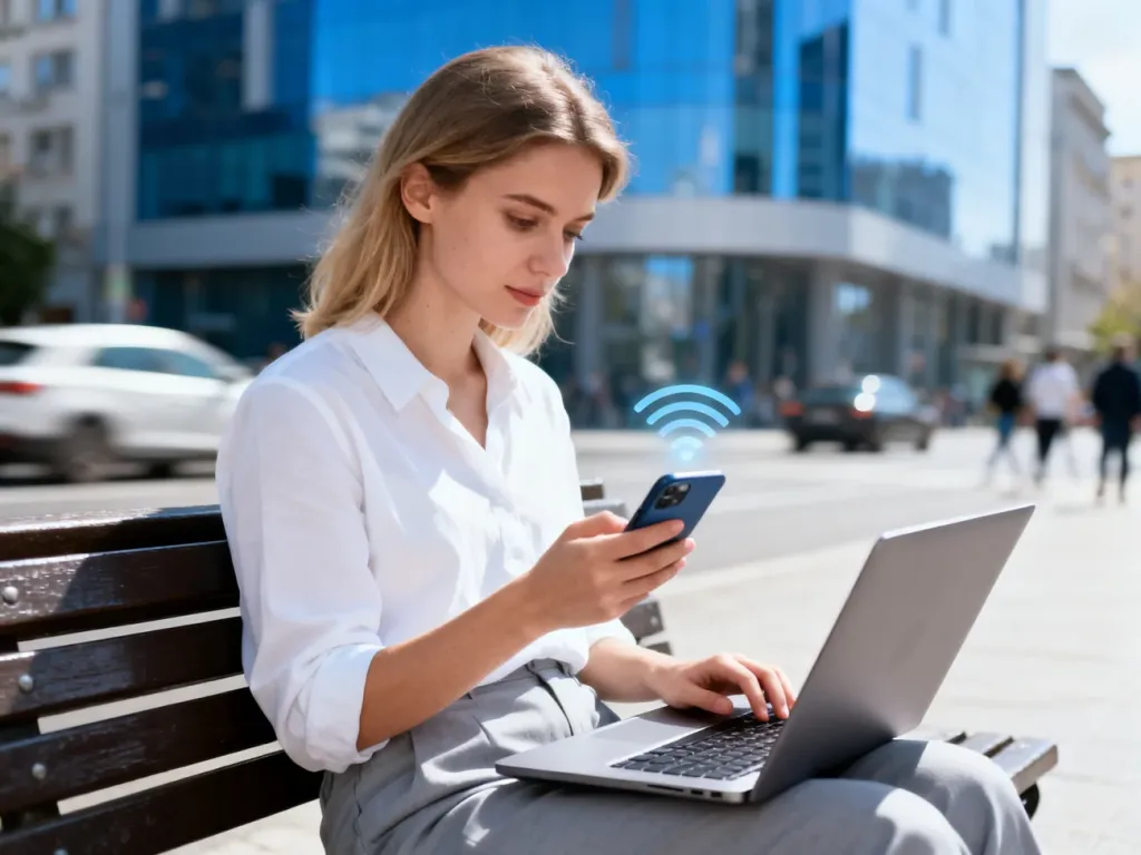 Młoda kobieta korzysta jednocześnie ze smartfona i laptopa w mieście, symbolizując swobodny internet mobilny bez limitu